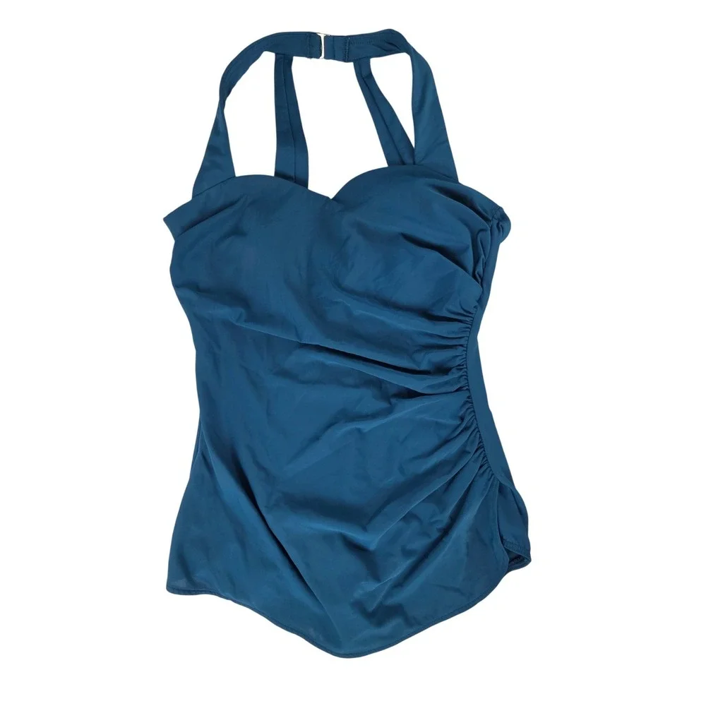 Lands End Womens Teal Draped Ruched One-Piece Swimsuit Size 12 tummy control